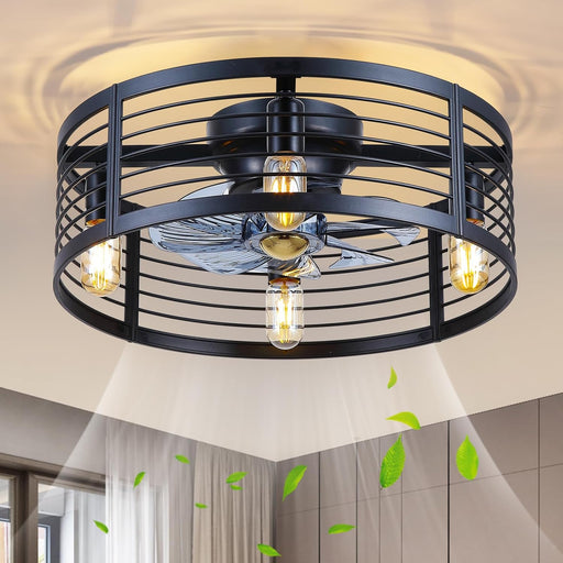 Caged Ceiling Fan with Light Flush Mount, 20 Inch Low Profile Black Fandelier with Remote, Bladeless Ceiling Fans with Lights for Bedroom Kitchen Dining Room (Bulb Not Included)