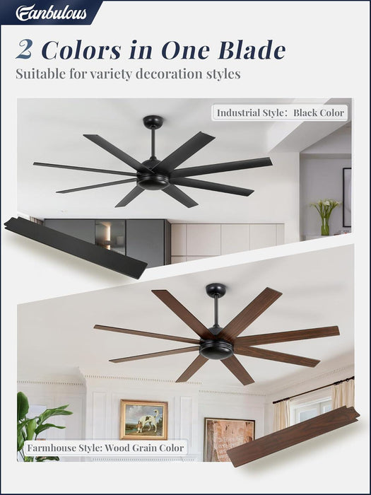 65 Inch Ceiling Fans No Light with Remote, Black Indoor/Outdoor Ceiling Fan without Light with Quiet Reversible DC Motor, 6 Speeds, 8 Blades Large Ceiling Fan for Living Room Bedroom Patio