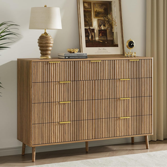 Fluted 9 Drawer Dresser for Bedroom, 55" Wide Modern Chest of Drawers with Curved Profile Design and Metal Handles, Wood Dresser TV Stand & Storage Organizer for Bedroom, Hallway, Walnut