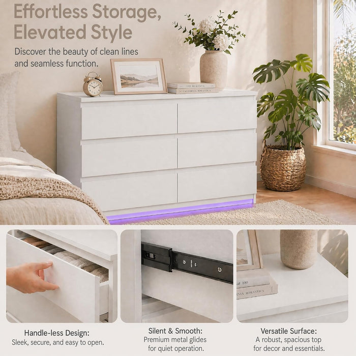 White 6 Drawer Dresser with Led Light and Charging Station for Bedroom