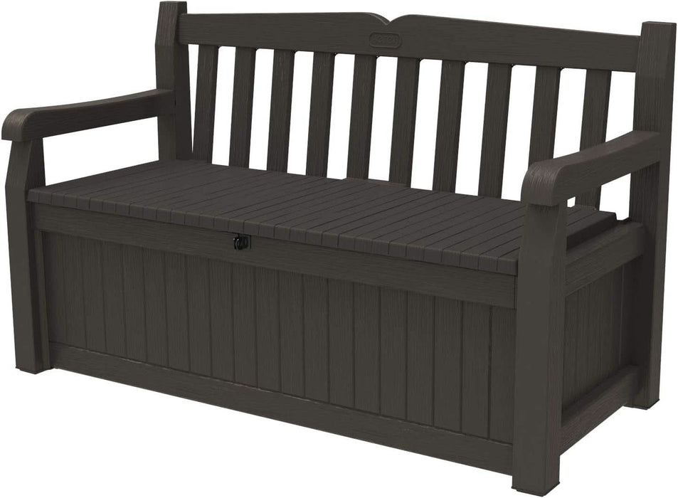 Solana 70 Gallon Storage Bench Deck Box for Patio Furniture, Front Porch Decor and Outdoor Seating – Perfect to Store Garden Tools, Brown/Brown