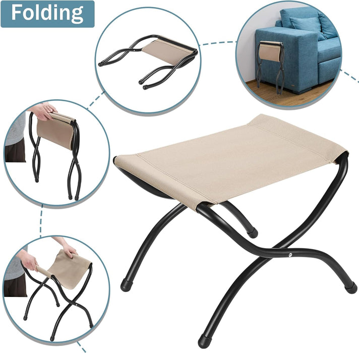 15" Foldable Foot Stool Ottoman with Metal Frame - Washable Dark Grey Upholstered Indoor/Outdoor Footrest for Living Room, Bedroom, Patio - Space-Saving Compact Design