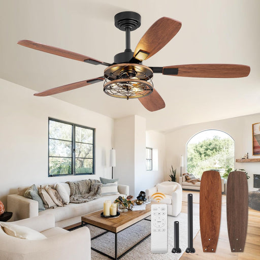 52 Inch Farmhouse Ceiling Fan with Light and Remote, Black Industrial Caged Flush Mount Ceiling Fans with 6 Speed Reversible Motor and Dual Finish 5 Blades, Rustic Ceiling Fan for Living Room, Bedroom