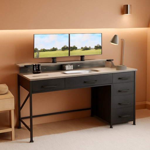 Gaming Desk with 6 Drawers, Computer Desk with LED Lights Power Outlets and Type-C, 47 Inch Office Desk with Storage, Monitor Stand, Writing Desk Work Desk for Home Office, Bedroom, Study, Grey