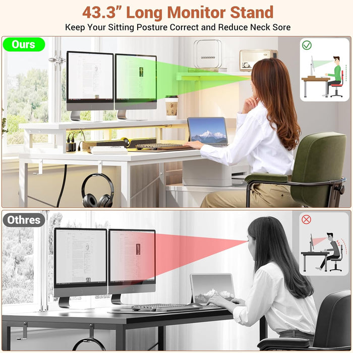 Gaming Desk with LED Strip & Power Outlet, 59Inch Reversible Computer Desk with Monitor Stand & Storage Shelves, Home Office Desks with Fabric File Drawer, Gamer Table PC Desk, White