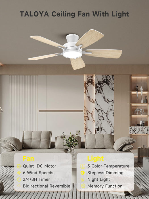 Ceiling Fans with Lights and Remote, 46 Inch Low Profile Ceiling Fan with Light, Flush Mount, Reversible, 3CCT, Dimmable White Modern Ceiling Fan for Bedroom, Living Room, Outdoor Patio