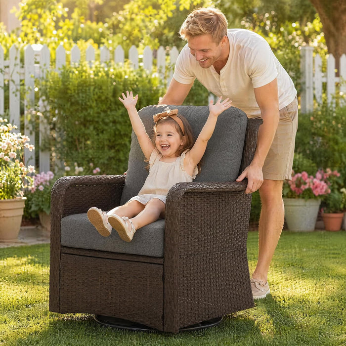 360° Swivel Wicker Patio Chair Set of 2, Handwoven PE Rattan, 5.5" Thick Olefin Cushions, Weatherproof Conversation Seating for Porch Deck Backyard, Brown/Gray