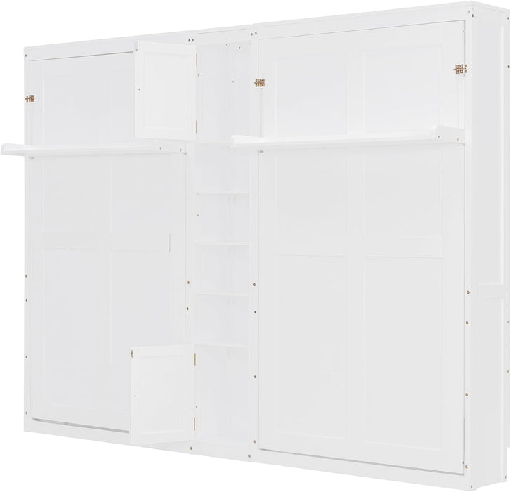 Dual Twin Size Murphy Bed, Twin Wall Beds with Cabinets and Shelves, White
