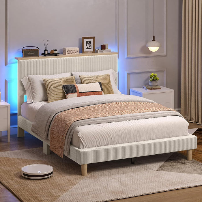 Full Bed Frame with Adjustable Headboard & LED, Upholstered, Beige