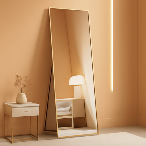 Full Length Mirror with Stand, 56"X15" Floor Mirror with Aluminum Alloy Frame for Bedroom, Standing Full Body Mirror with Shatter-Proorf Nano Glass for Wall, Living Room, Cloakroom, Gold