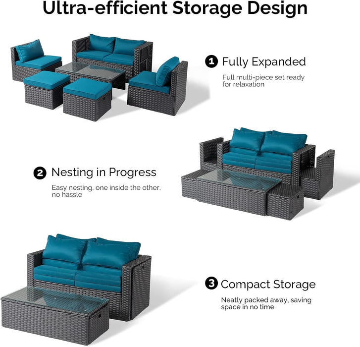 6-Piece Patio Conversation Set with Storage Coffee Table, Peacock Green
