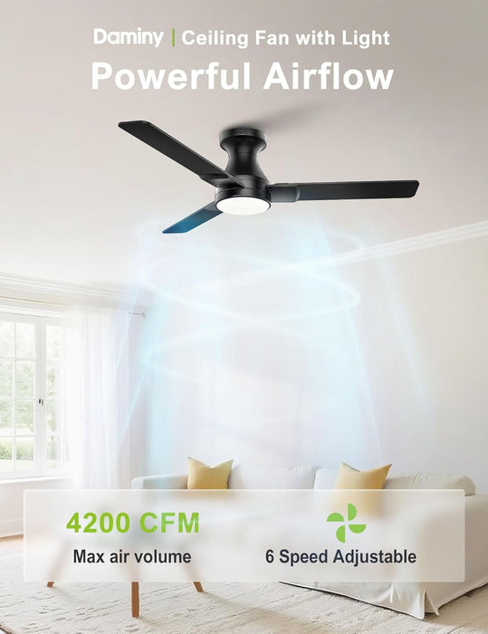 42 Inch Ceiling Fans with Lights,3 Blades,6Cct, Low Profile Ceiling Fan with Light and Remote Control,Ceiling Fan for Bedroom, Kitchen,Indoor/Outdoor Use,Flush Mount-Black