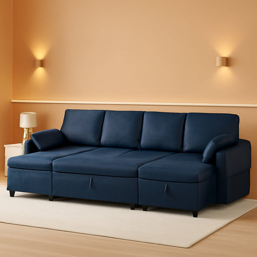 Blue Genuine Suede Leather 110Inch Sectional Sleeper
