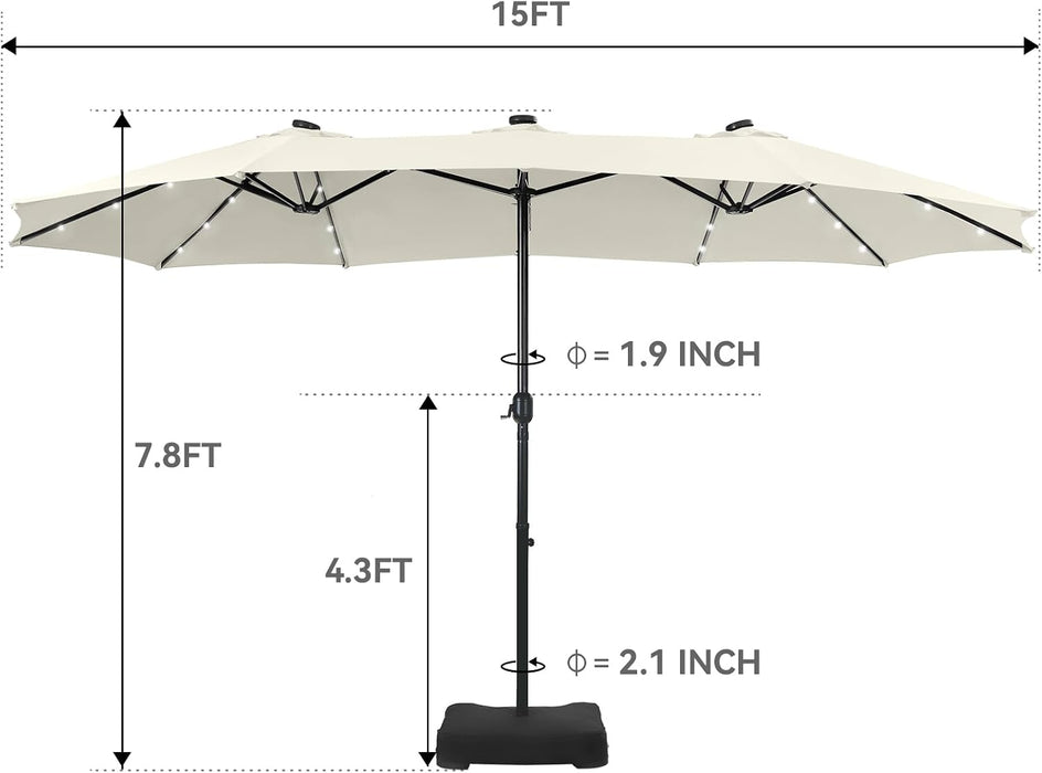 15 Ft Large Outdoor Patio Umbrella with Solar Led Lights & Base
