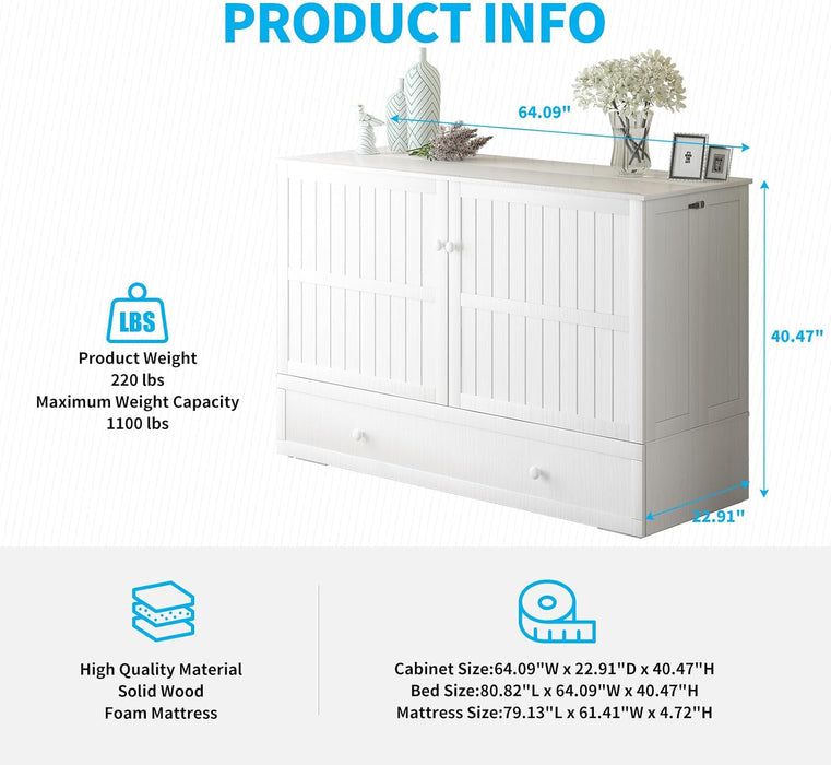 Murphy Bed Cabinet with Built-In 3 Charging Station and 2 Storage Drawers, Solid Wood Cabinet Bed Queen Size with Mattress, Murphy Cube Chest Bed for Guest Room (White-Murphy Bed A)