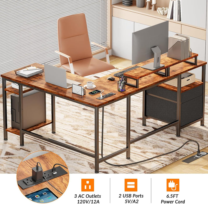 Industrial Grade Ultra Rustic Brown FiftyNineInch LShapedDeskPowerOutlet