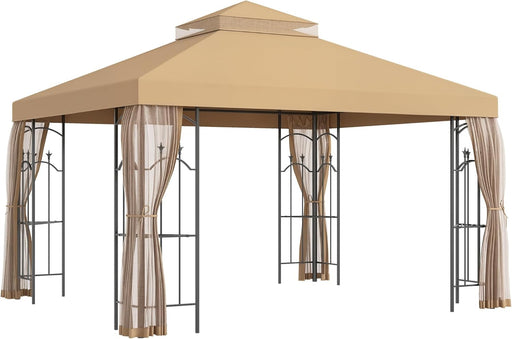 10' X 12' Patio Gazebo with Corner Frame Shelves, Double Roof Outdoor Gazebo Canopy Shelter with Netting for Patio, Wedding, Catering & Events, Brown