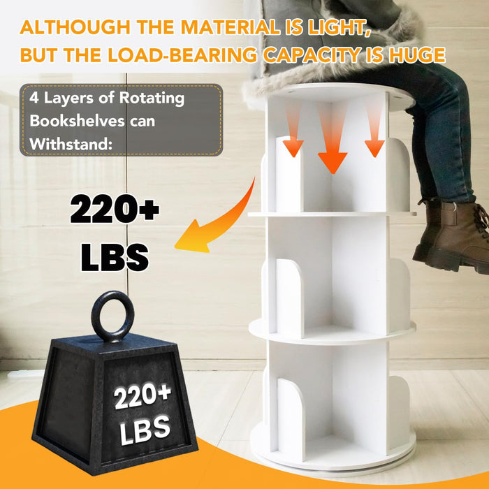 White 4 Tier Rotating Bookshelf Tower StorageSolution