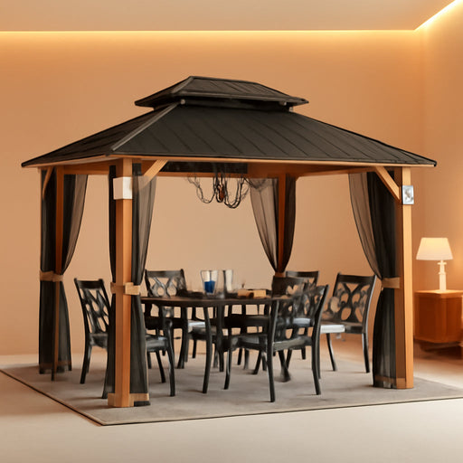 Modern Shade the Horizon Hard Top Gazebo 10' X 12' with 4 LED Lights, Permanent Hardtop Gazebo with Galvanized Steel Double Roof, Metal Gazebo with Decor Hooks, Mosquito Nettings for Patio, Wood Grain