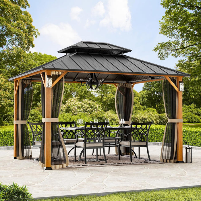 Modern Shade the Horizon Hard Top Gazebo 10' X 12' with 4 LED Lights, Permanent Hardtop Gazebo with Galvanized Steel Double Roof, Metal Gazebo with Decor Hooks, Mosquito Nettings for Patio, Wood Grain