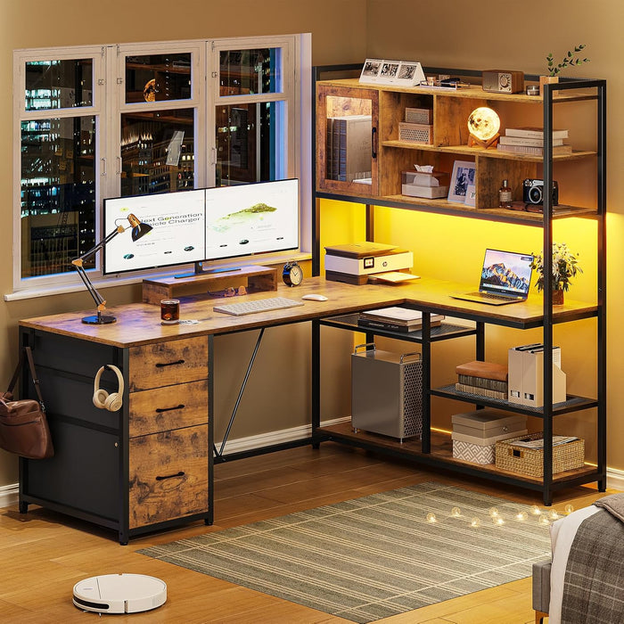L Shaped Computer Desk, 58'' Office Desk with 3 Drawers and Bookshelf, L Shaped Corner Desk with Storage Shelves and LED Light for Home Office, Gaming Desk, L Desk, Rustic Brown