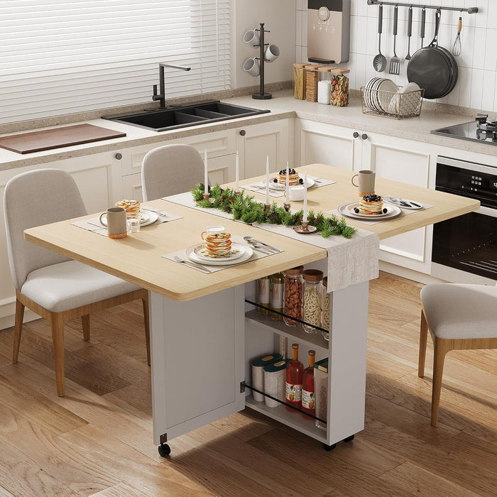 Folding Dining Table with Storage, Folding Kitchen Table with 6 Wheels, Drawer & Shelves, Compact Dining Table for Small Spaces