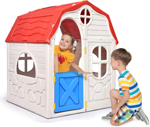 Outdoor Playhouse for Kids, Cottage Indoor Playhouse with Working Doors & Windows, Pretend Play House Imagination Playset Toy for Toddlers Boys Girls