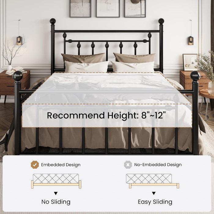 14" Queen Size Metal Platform Bed Frame/Victorian Headboard and Footboard/Steel Slats Mattress Foundation for Storage/No Box Spring Needed/Noise Free/Black