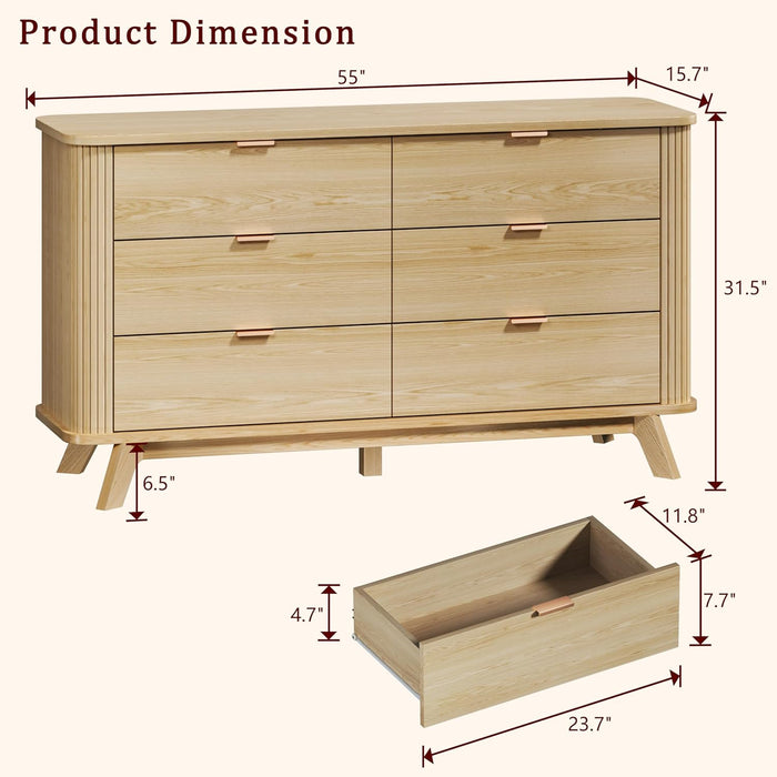 55" Wide Fluted 6 Drawers Dresser for Bedroom, Mid Century Modern Dresser & Chests of Drawers, Curved Profile Design, Dressers TV Stand, Wood Storage for Hallway, Entryway, Oak