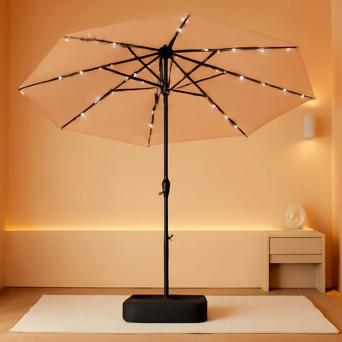 15 Ft Large Outdoor Patio Umbrella with Solar Led Lights & Base Included, Double-Sided Rectangular Table Umbrella with Stand, Market Umbrellas for Deck Poolside Garden Backyard, Beige
