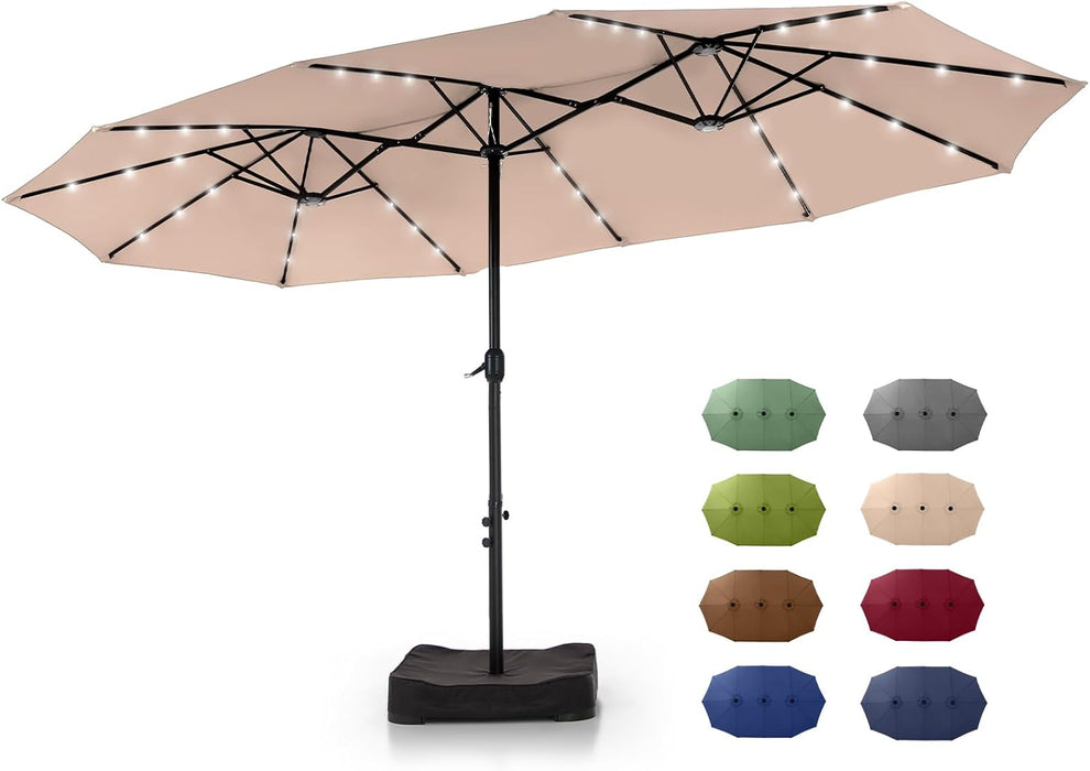 15 Ft Large Outdoor Patio Umbrella with Solar Led Lights & Base Included, Double-Sided Rectangular Table Umbrella with Stand, Market Umbrellas for Deck Poolside Garden Backyard, Beige