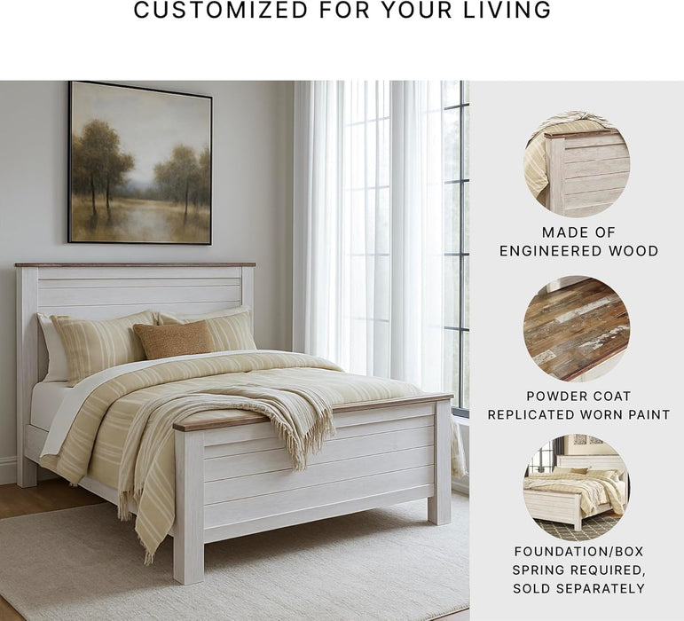 Signature Design by Ashley Willowton Shabby Chic Queen Panel Bed with Metal Slats, Foundation or Box Spring Needed, Whitewash