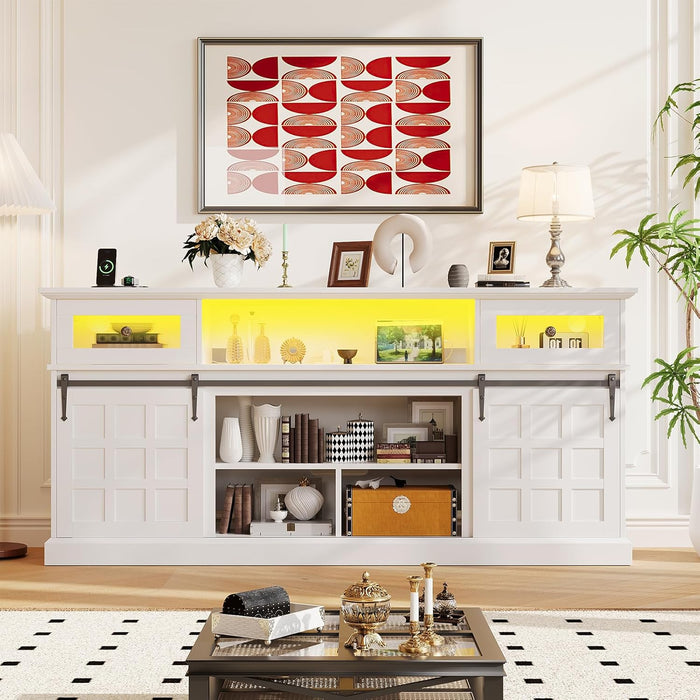 TV Stand for 80 Inch Tvs, LED Entertainment Center with Power Outlet, Farmhouse TV Stand W/Drawers & Sliding Barn Door, Media Console with Storage Cabinets for Living Room, White&Brown