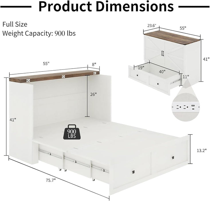 Farmhouse Murphy Bed With 900LbsCapacity Charging Station