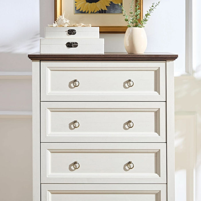 48" H Tall Dresser for Bedroom, Farmhouse 5 Drawer Dressers, Wood Chest of Drawers with 1.2" Thickened Top, Antique White