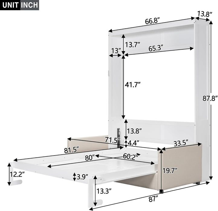 Queen Size Murphy Bed, Foldable Cube Bed Platform Bedframe with Sofa, Wooden Slat Support for Guest Room, Study, Office, White