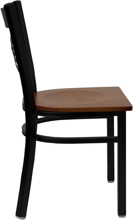 2 Pk. HERCULES Series Black ''X'' Back Metal Restaurant Chair - Cherry Wood Seat