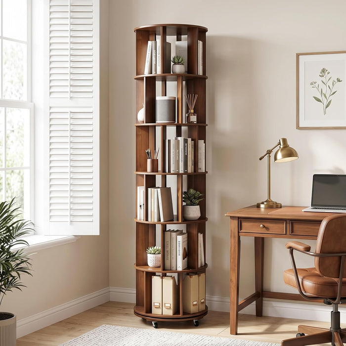 6-Tier Solid Wood Rotating Bookshelf on Wheels for Small Spaces