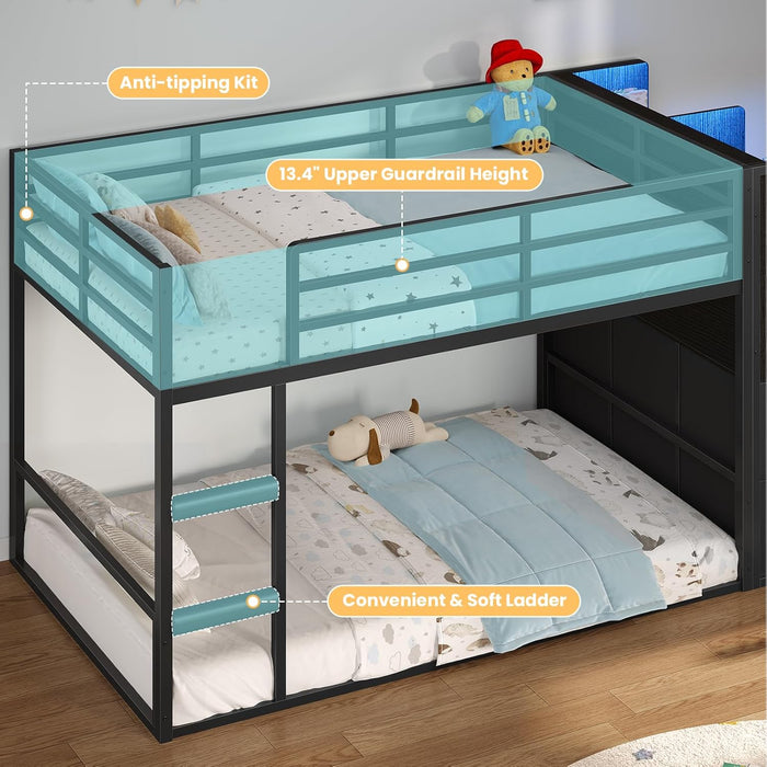 Twin Over Twin BlackPowderCoated Bunk Bed LEDLights