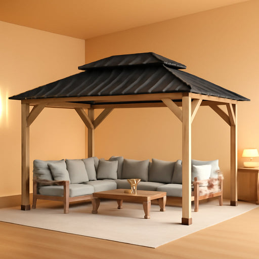 10' X 12' Outdoor Wood Gazebo,Metal Hardtop Gazebo,Color DIY Permanent Pavilion with Galvanized Steel Double Roof for Backyard, Garden(Windproof, Snow-Load Bearing, Waterproof, Rustproof)