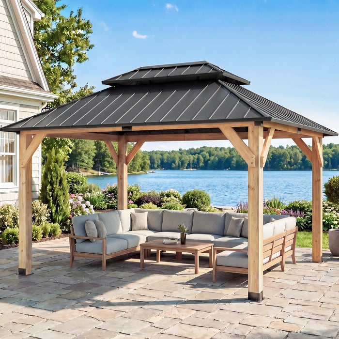 10' X 12' Outdoor Wood Gazebo,Metal Hardtop Gazebo,Color DIY Permanent Pavilion with Galvanized Steel Double Roof for Backyard, Garden(Windproof, Snow-Load Bearing, Waterproof, Rustproof)