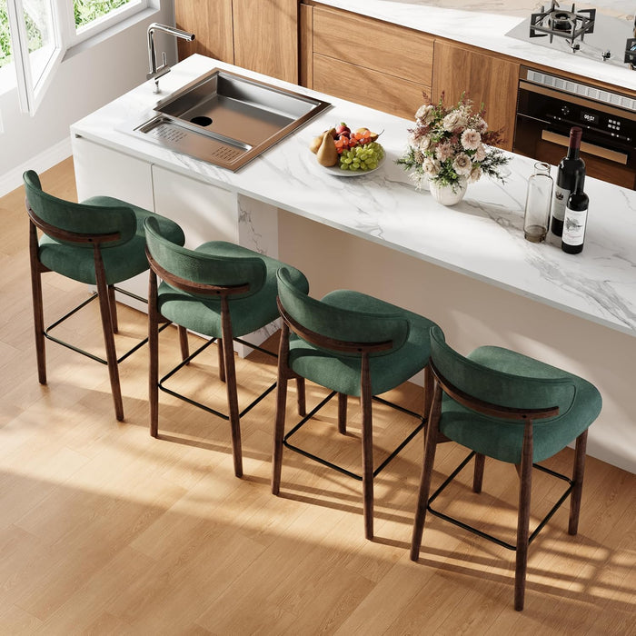 26″ Linen Bar Stools Set of 4, Counter Height Bar Stools, Green | Linen Fabric, Wood Legs, Metal Footrest, Upholstered Modern Kitchen Barstools with Back, for Dining Room Bar