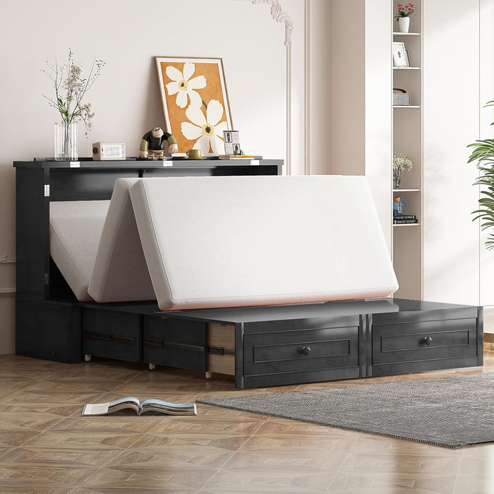 Queen Murphy Bed with Mattress Included - Solid Wood - Hideaway Chest Beds with 2 Storage Drawers, USB Charging Ports - Space Saving Murphy Cabinet Bed for Guest Room, Bedroom