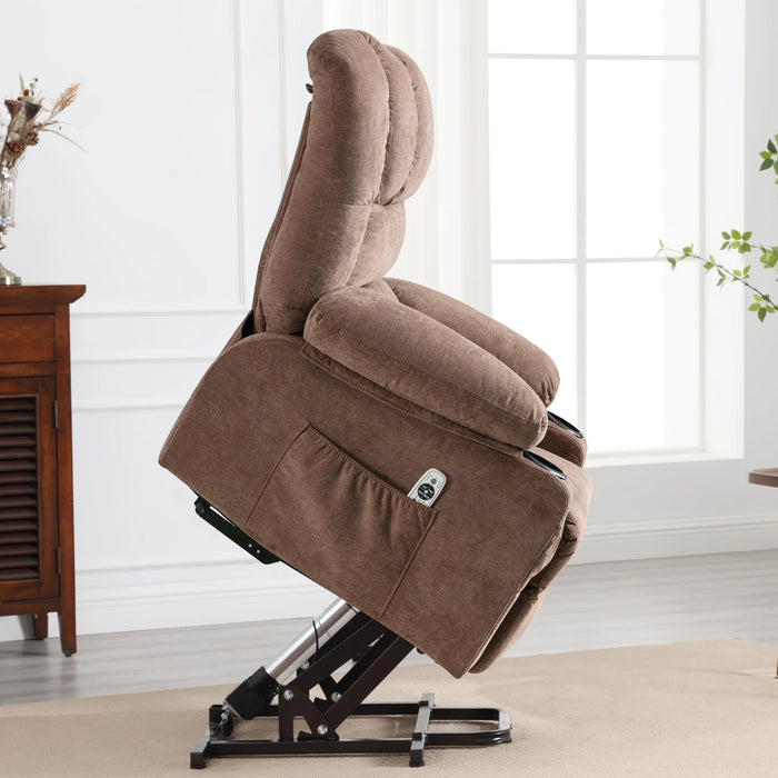 Power Lift Recliner Chair for Elderly, Electric Recliners with Heat and Massage, USB Charge Port, Cup Holders, Infinite Position and Side Pockets, Fabric Single Sofa for Living Room, Brown