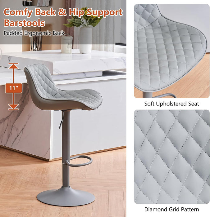 All Grey Bar Stools Set of 2, Upholstered Counter Height Bar Stool, Adjustable Swivel Faux Leather Barstools, with Padded Back, Metal Base, Kitchen Chairs for Home Island