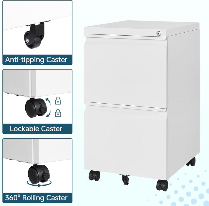 2 Drawer File Cabinet with Lock, Home Office Filing Cabinets on Wheels, under Desk 2 Drawers Storage for Legal/Letter/A4 Files,Fully Assembled