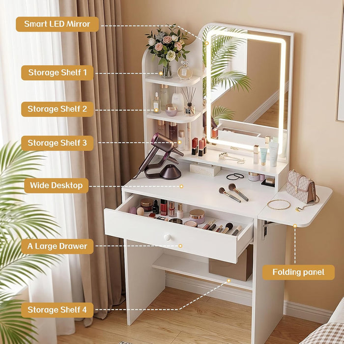 Compact White Vanity Desk With BuiltIn Illumination