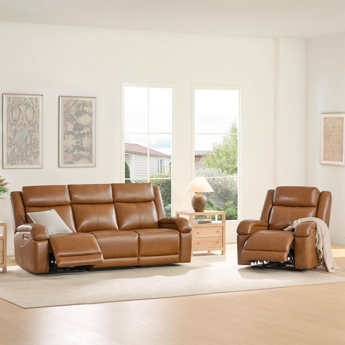 Genuine Leather Power Recliner Sofa, 3 Seater Wall Hugger Reclining Sofas with Power Headrest, USB & Typec Ports, Electric Recliner Couch Set for Living Room, Saddle Brown