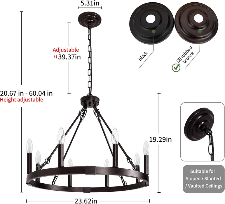 8 Light Wagon Wheel Chandelier, 23.6" Oil-Rubbed Bronze Dining Room Light Fixture with Adjustable Height, Industrial Hanging Lights for Living Room Bedroom Foyer Entryway,E12 Base