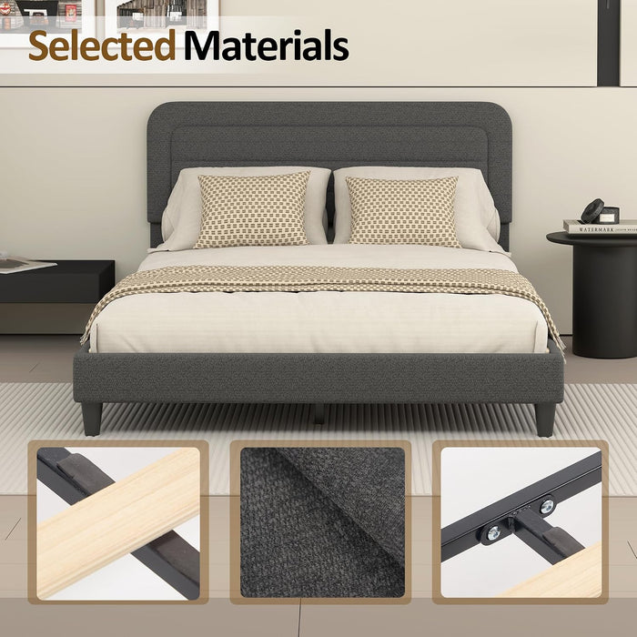 Queen Size Bed Frame with Chenille Striped Headboard, Dark Gray